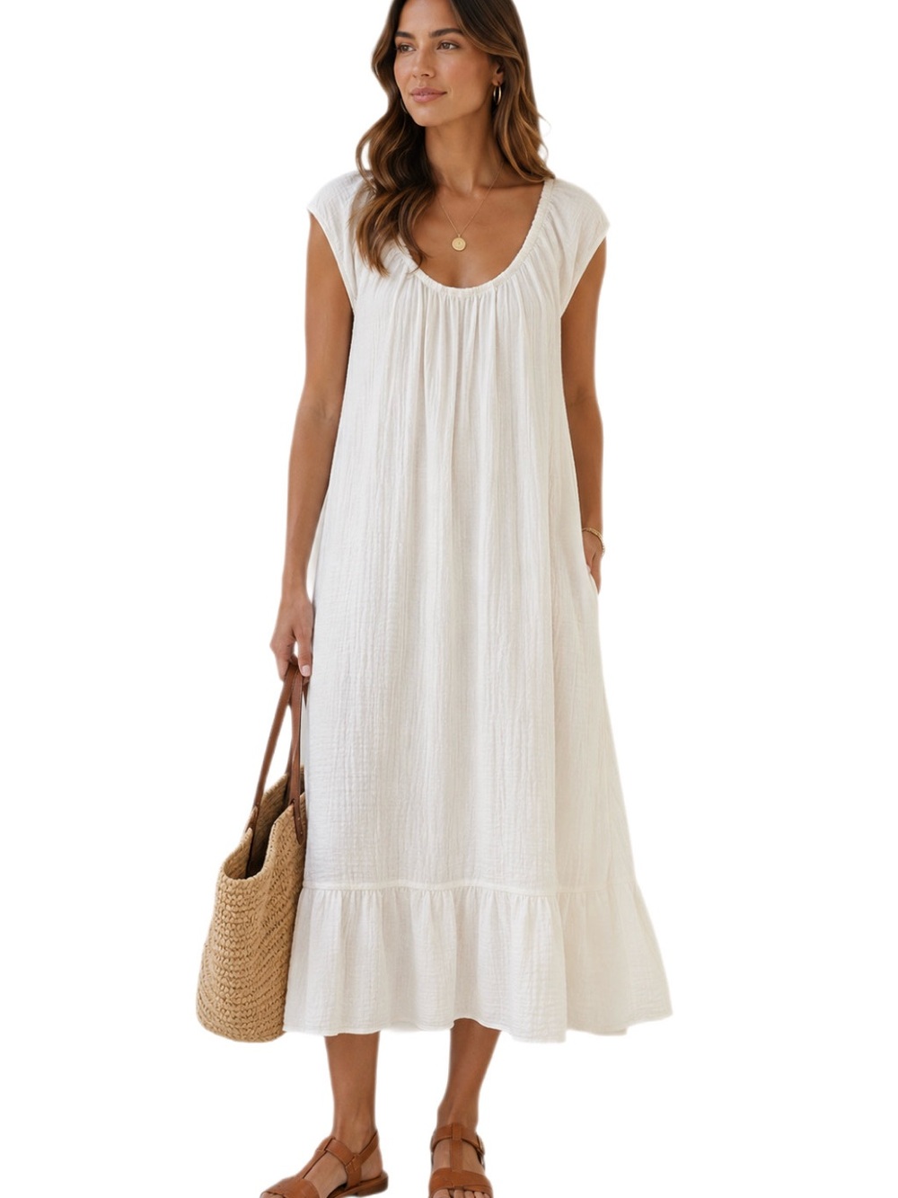 Xirena White Cotton Gauze Ruffle Hem Midi Dress Medium Coastal Grandmother
